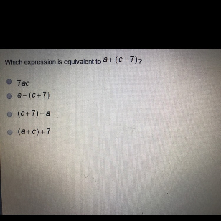 Which expression is equivalent to a+(c+7)-example-1