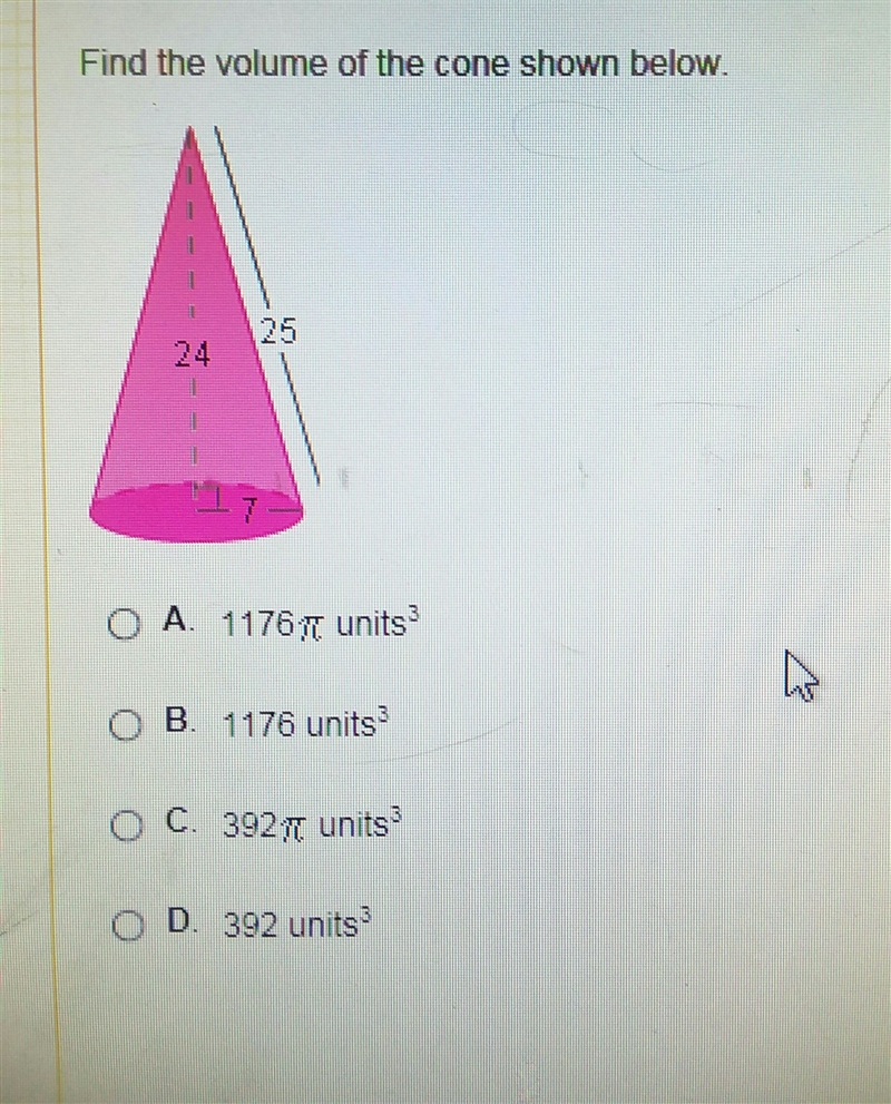 Find the volume of the cone shown below.-example-1