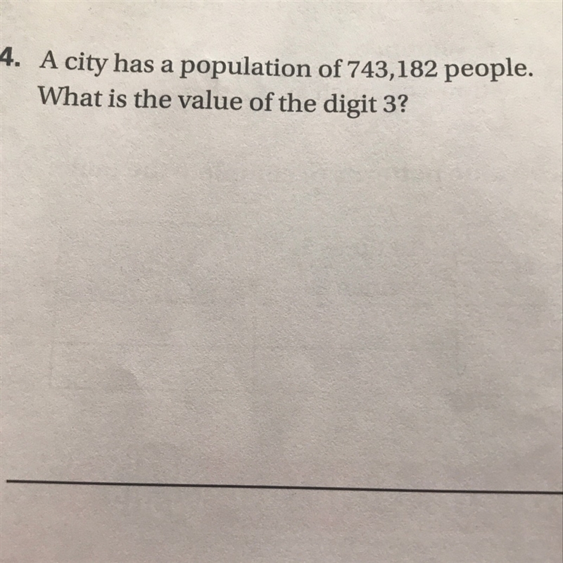 A city has a population of 743,182 people. WHATS IS THE VALUE OF THE DIGIT 3?-example-1