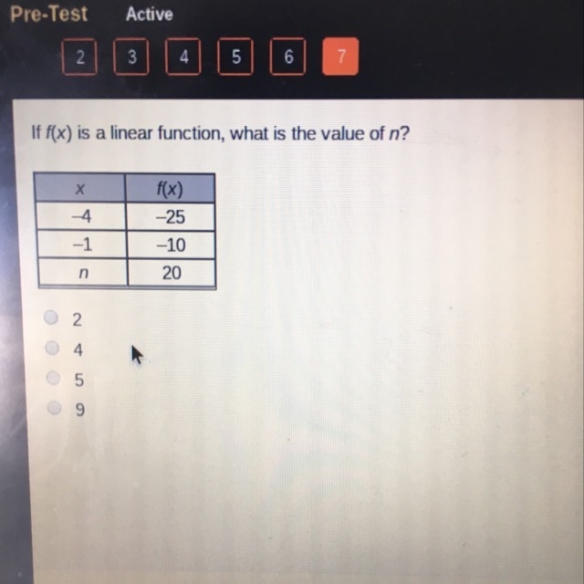 If f(x) is a linear function, what is the value of n?-example-1