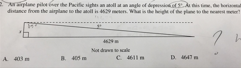 an airplane pilot sight an atoll at an angle of depression of 5 degrees. at this time-example-1