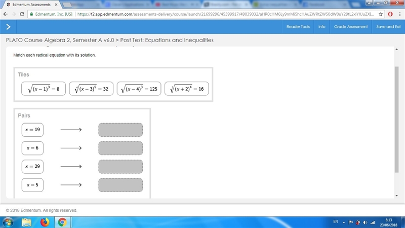 Drag the tiles to the correct boxes to complete the pairs. Match each radical equation-example-1