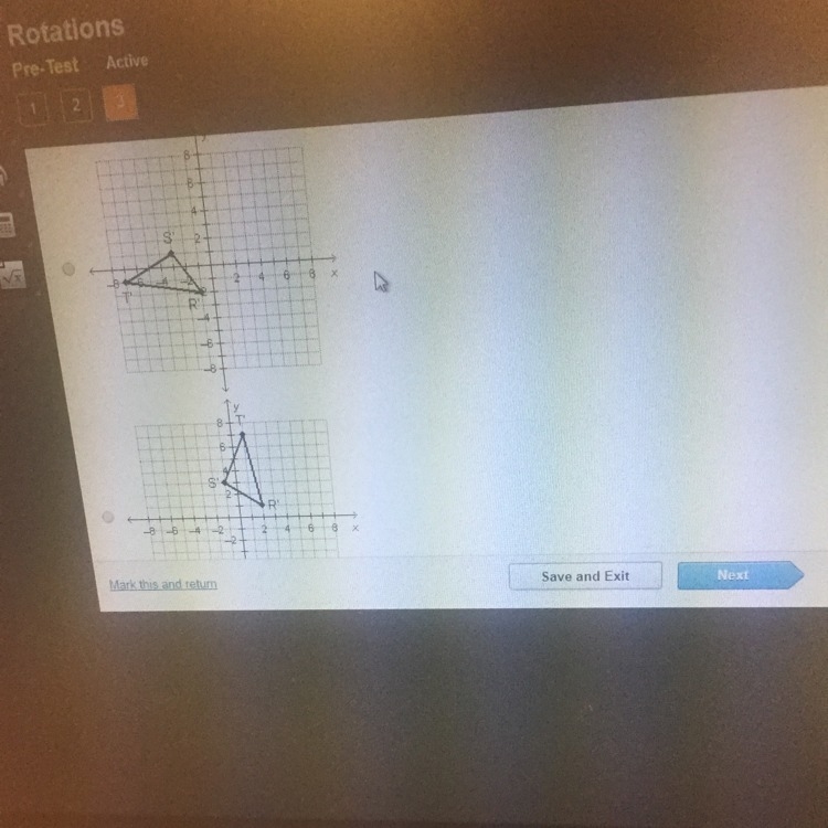 Which shows the image of triangle RST after the rotation-example-1