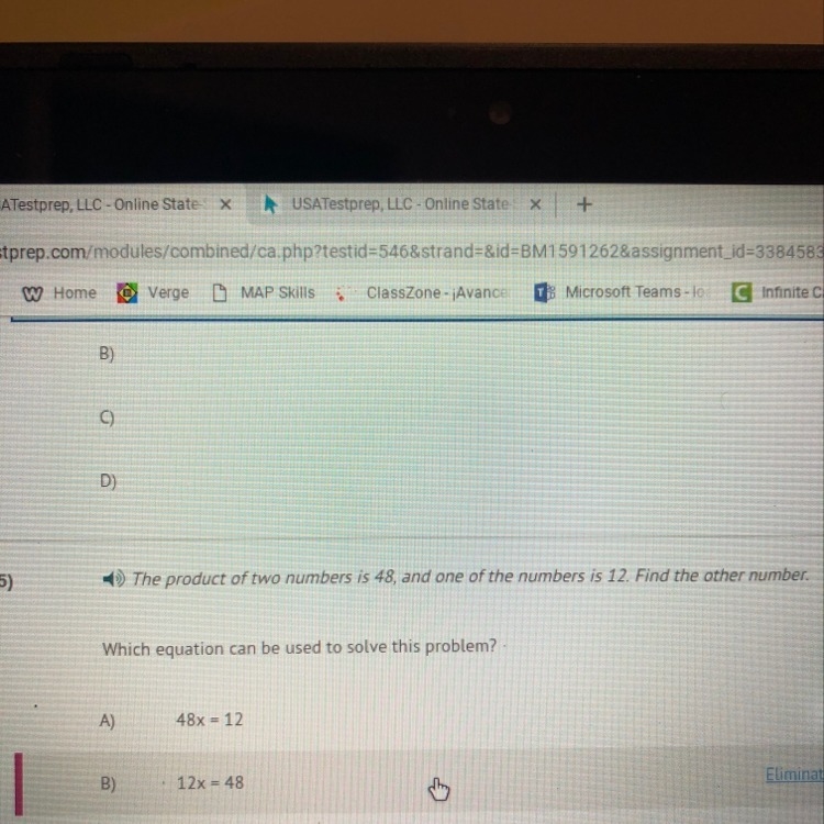 The product of two numbers is 48 and one of the numbers is 12 what is the other number-example-1