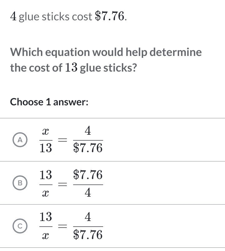 What is the answer (d is 13/4=7.76/x and e is none of the above)-example-1