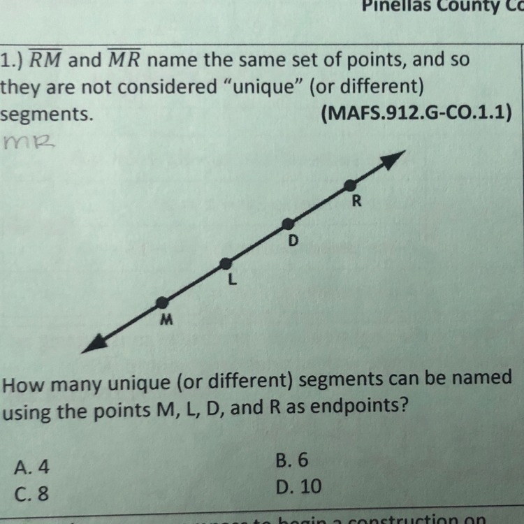 How many unique segments can be named using M L D and R as endpoints-example-1