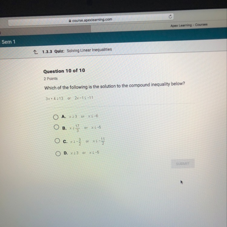 Which of the following is the solution to the compound inequality below? 3x+4>13 or-example-1