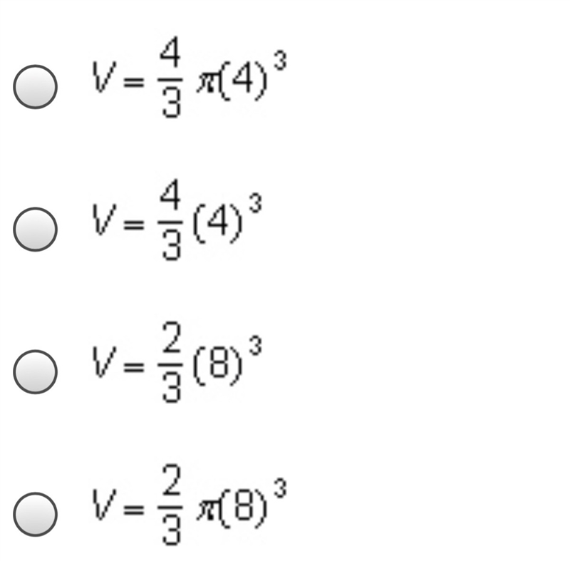 A sphere has a radius of 4 in. Which equation finds the volume of the sphere?-example-1