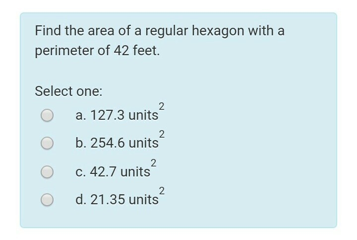 Find the area of a regular hexagon with a perimeter of 42 feet.-example-1