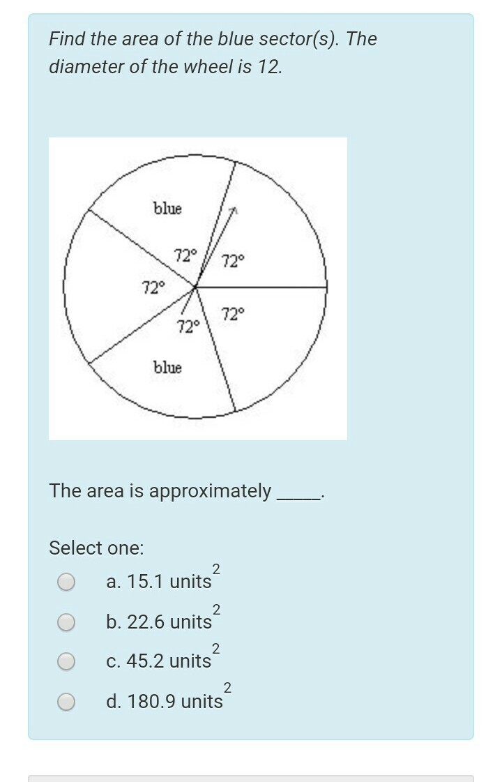 Find the area of the blue sector(s). The diameter of the wheel is 12-example-1