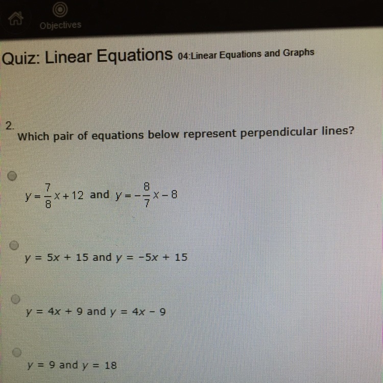 Wich pair of equations below represents perpendicular lines? Please!!!-example-1