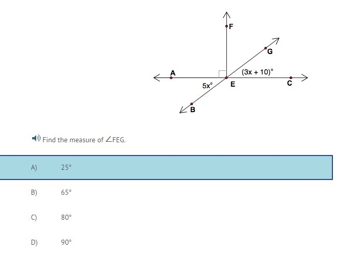 Find the measure of ∠FEG. A) 25° B) 65° C) 80° D) 90°-example-1