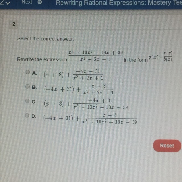 Select the correct answer. Rewrite the expression x^3+10x^2+13x+39/x^2+2x+1 in the-example-1