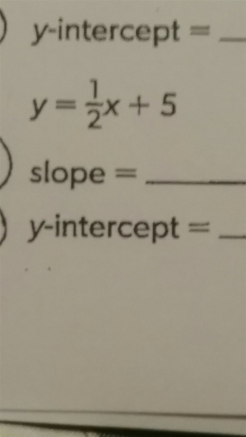 Y=1/2x+5. find the slope and the y intercept-example-1