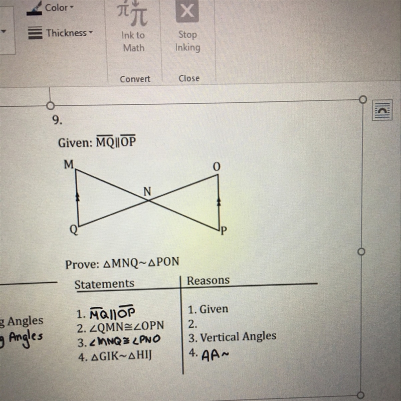 What is the reason that makes angle QMN congruent to angle OPN?-example-1