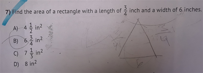 Find the area of a rectangle is 3/4 inch and a width of 6 inches.-example-1