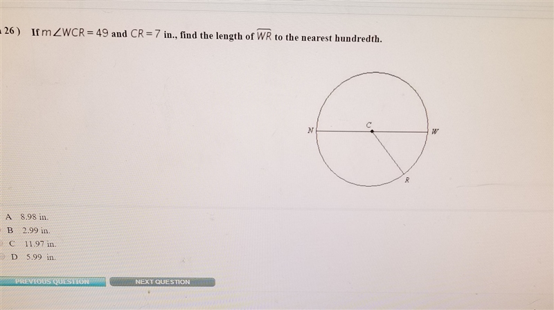 Find the length of WR If M <WCR = 49 and CR = 7. What is WR-example-1