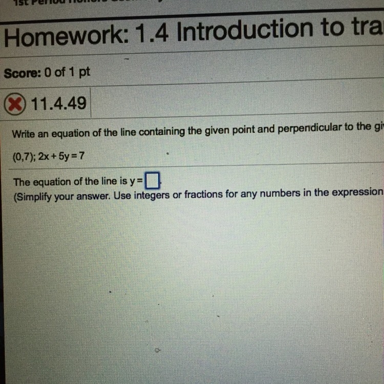 Please help ‼️‼️‼️ Write an equation of the line containing the given point and perpendicular-example-1