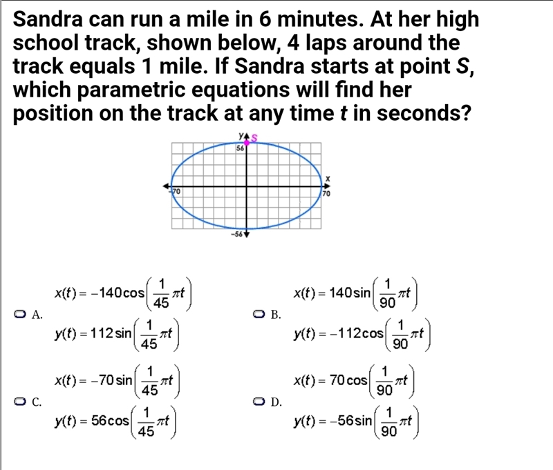 High School Pre Cal Sandra can run a mile in 6 minutes. At her high school track, shown-example-1