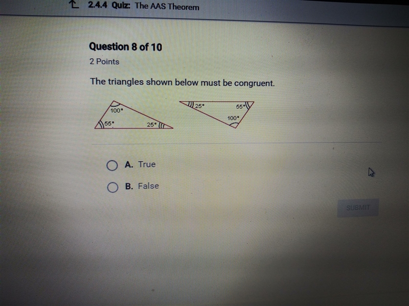 The triangle shown below must be congruent true or fasle-example-1