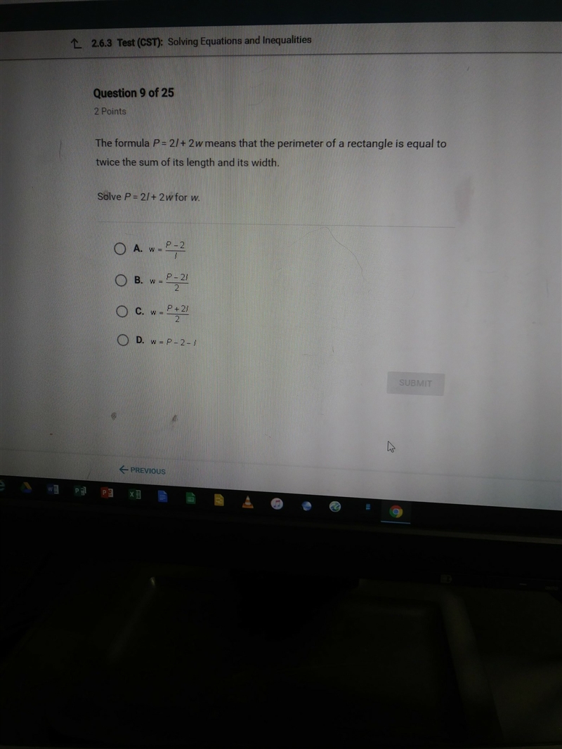 The formula p=2/+2w means that the perimeter of a rectangle is equal to twice the-example-1