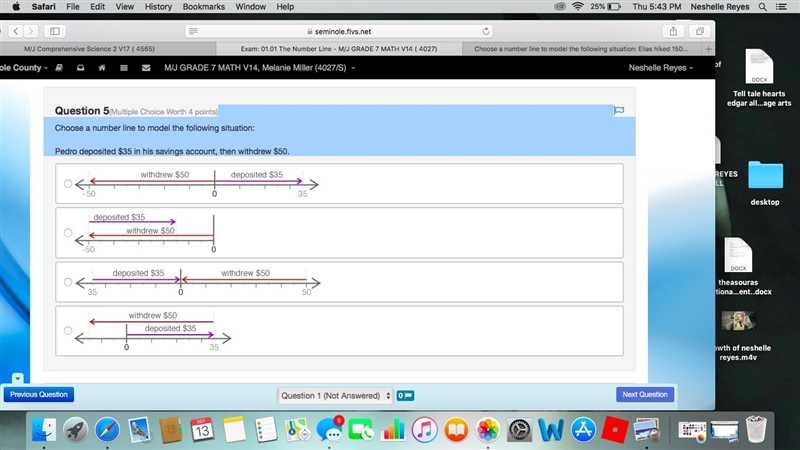 Choose a number line to model the following situation: Pedro deposited $35 in his-example-1