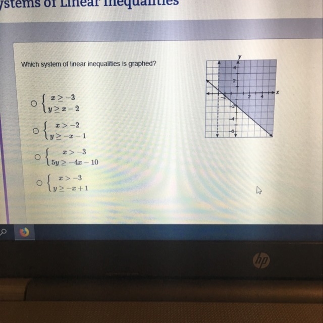 Which system of linear inequalities is graphed?-example-1