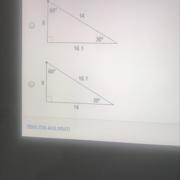 Based on the given angle measures which triangle has side lengths measures that could-example-1