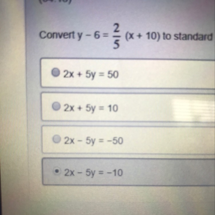 Convert y - 6 = 2/5 (x + 10)-example-1