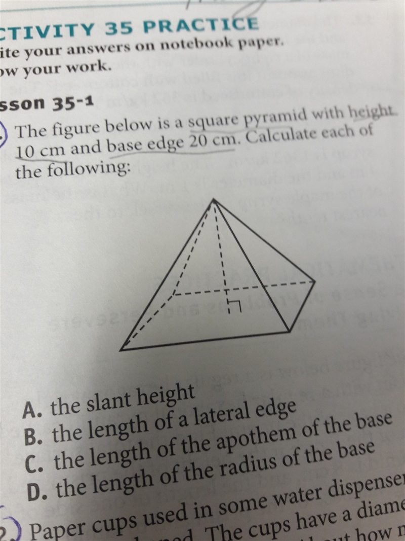 What is the slant height of a square pyramid with the height of 10cm and base edge-example-1