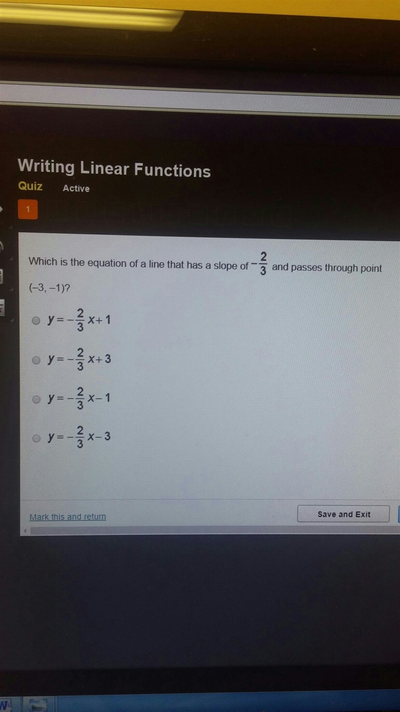 Which is the equation of a line that has a slope of -2/3 and passes through point-example-1