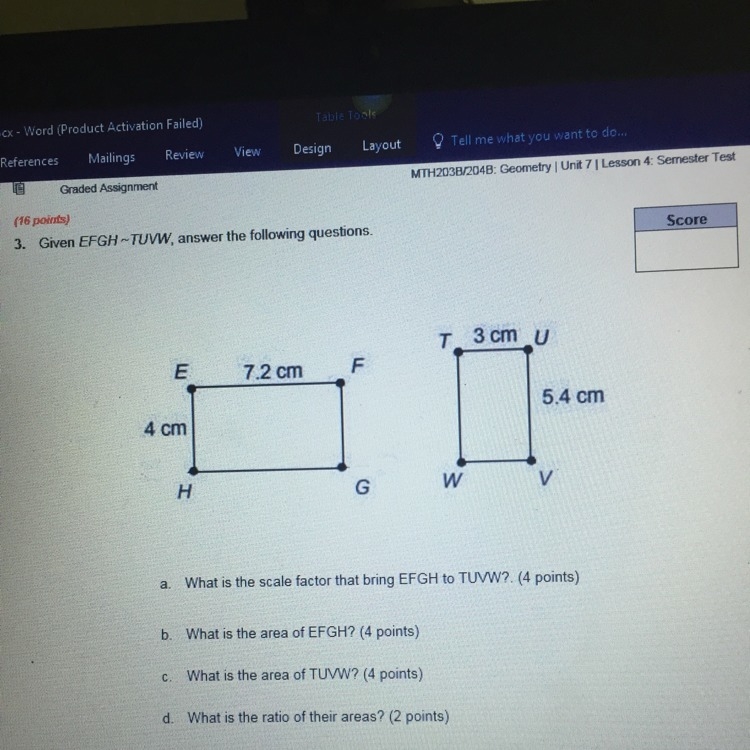 A.) What is the scale factor that bring EFGH to TUVW? B.) What is the area of EFGH-example-1