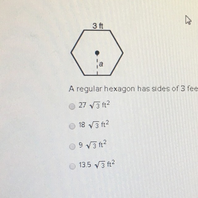 A regular hexagon has sides of 3 feet. What is the area of the hexagon?-example-1