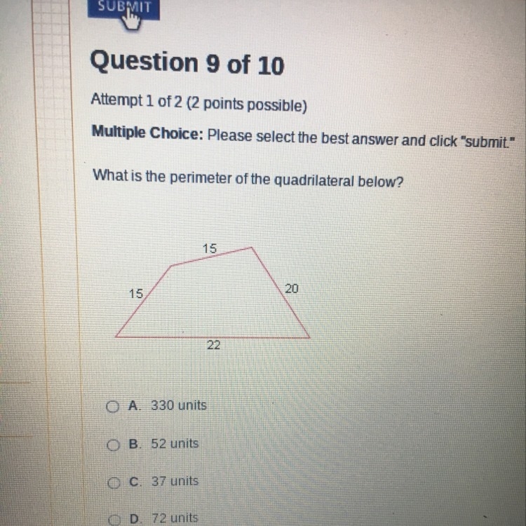 What is the perimeter of the quadrilateral below?-example-1