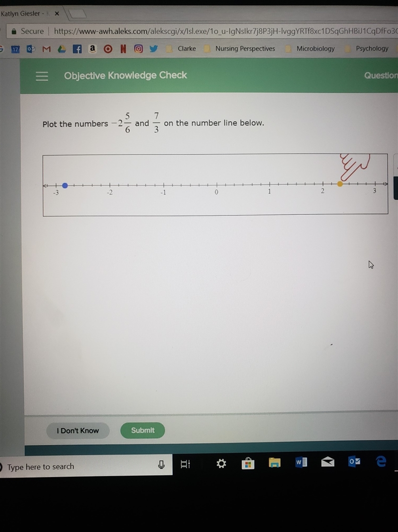 Plot the numbers -2 and 5/6 and 7/3 on the number line-example-1