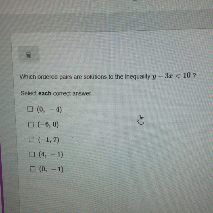 Which ordered pairs are solutions to the inequality y-3x<10-example-1