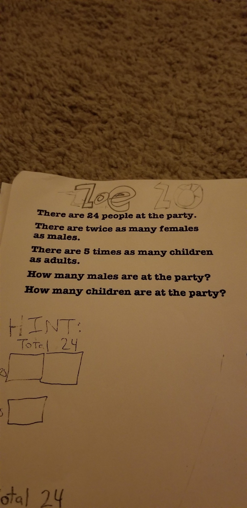 there are 24 people at a party twice many female as males and 5 times children as-example-1