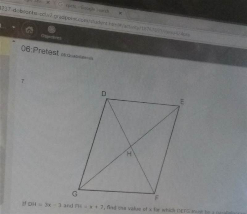 If dh = 3x -3 and fh = x+7, find the value of x for which defg must be a parallelogram-example-1