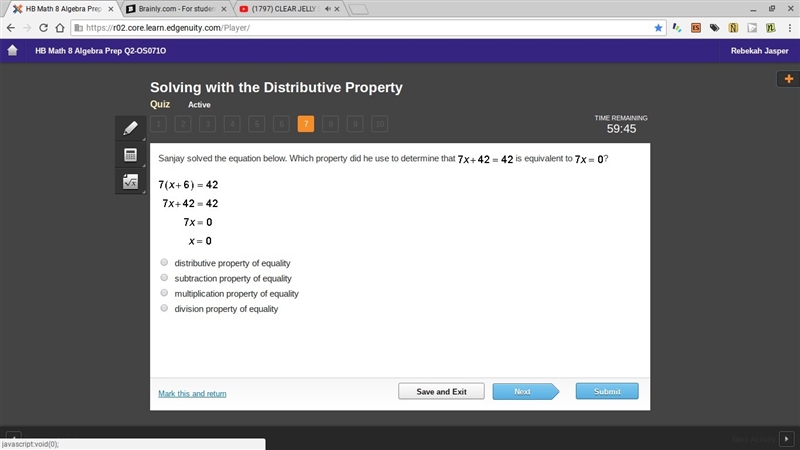 Sanjay solved the equation below. Which property did he use to determine that 7x + 42 = 42 is-example-1