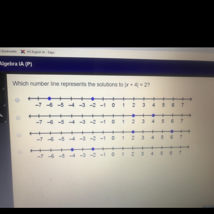 Which number line represents the solutions to |x+4|=2-example-1