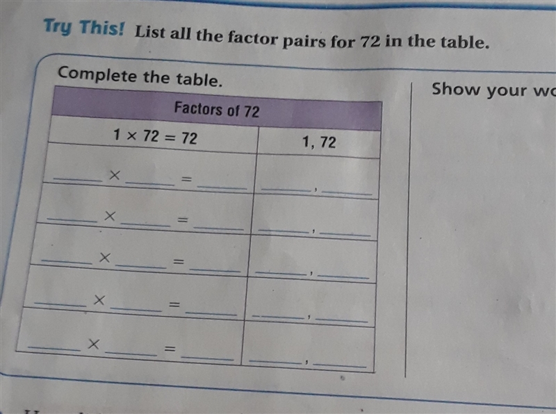 List all the factor pairs 72 in the table-example-1