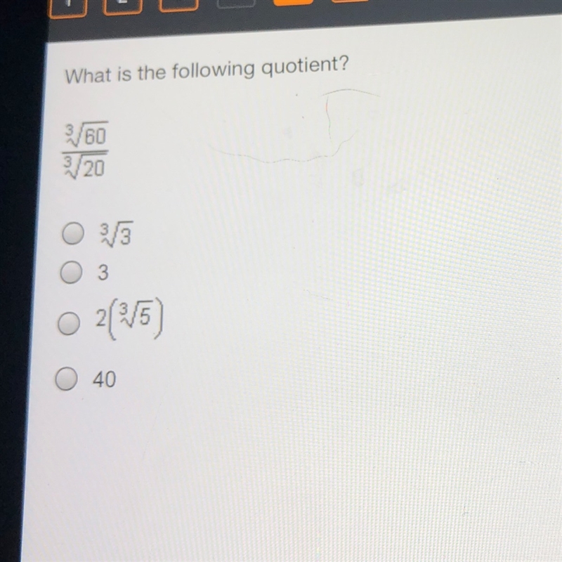 What is the following quotient? ^3 square root 60 over ^3 square root of 20-example-1