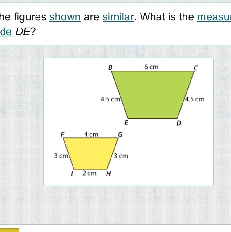 The figures shown are similar what is the measure of side DE-example-1