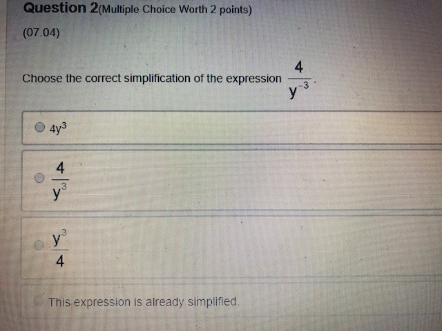 Choose the correct simplification of the expression 4 over y to the power of negative-example-1