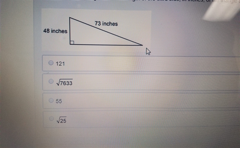 Which of the following shows the length of the third side in inches of the triangle-example-1