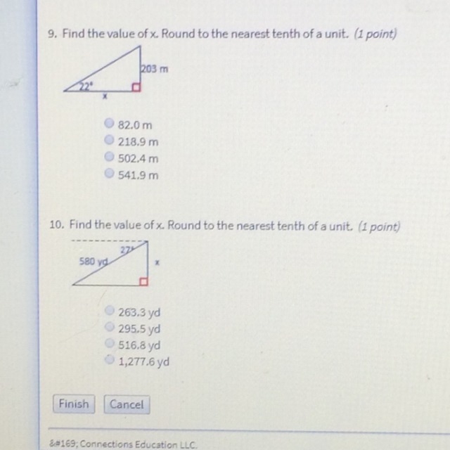 Find the value of x. Round to the nearest tenth of a unit. Both 9 and 10 please.-example-1