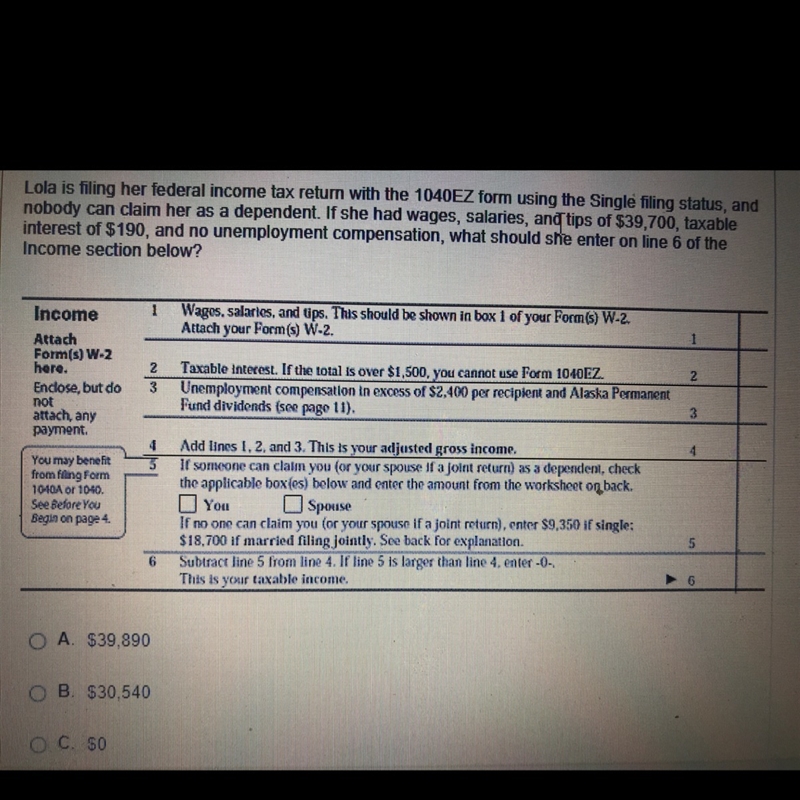 Lola is filing her federal income tax with the 1040EZ form using the single filing-example-1