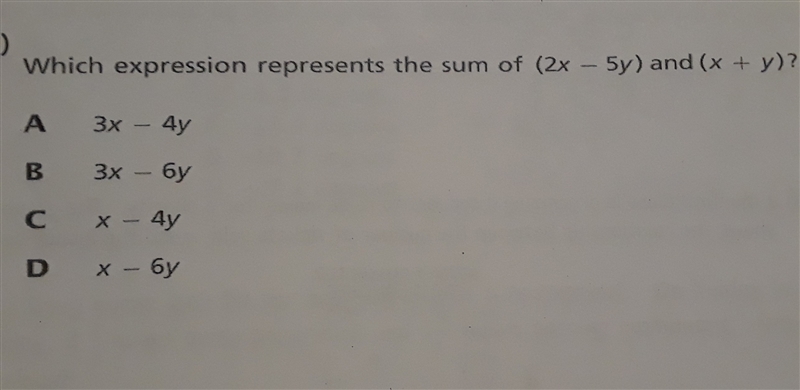 Which expression represents the sum of (2x-5y) and (x+y)-example-1