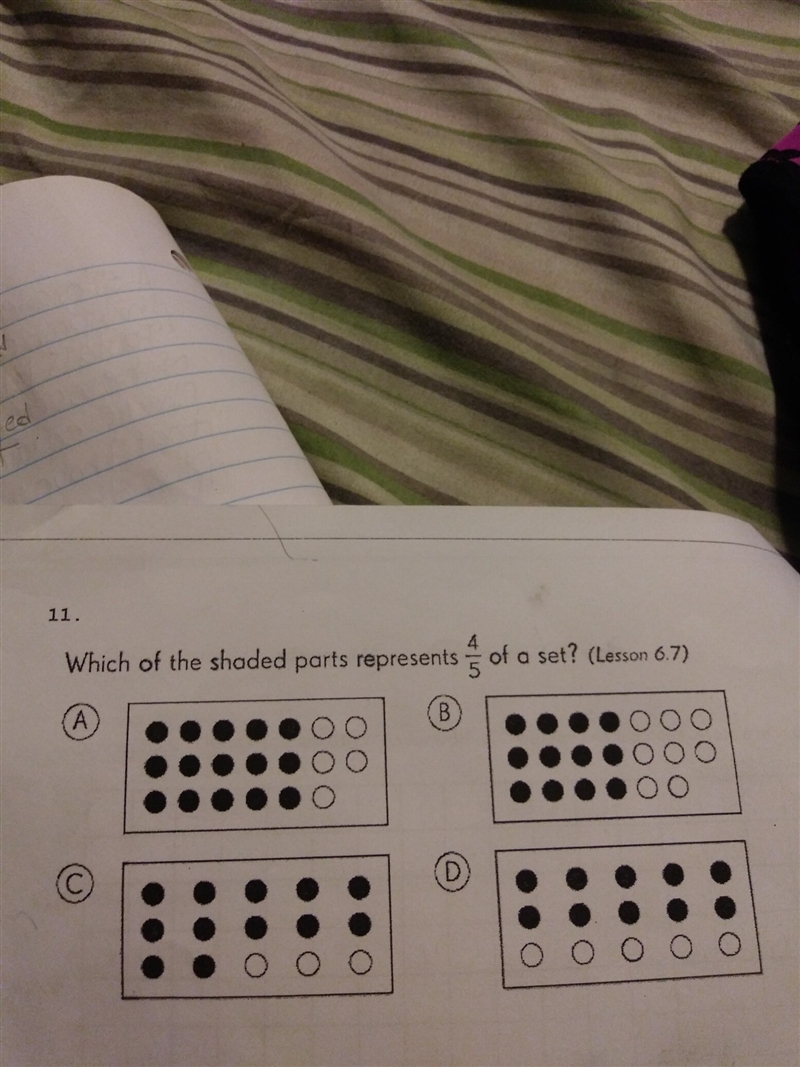 Which of the shaded parts represents 4/5 of a set?-example-1