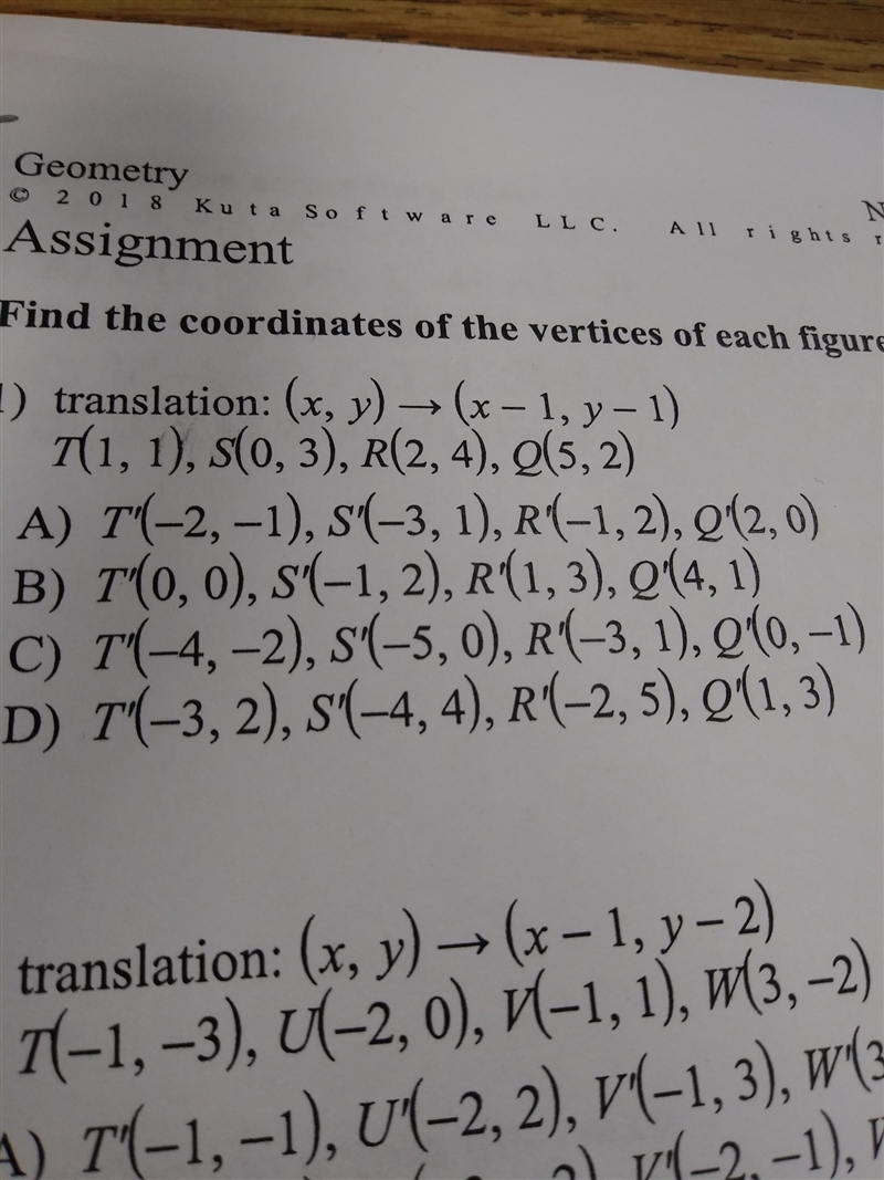 Translation (x,y) (x-1, y-1) T (1,1) S (0,3) R(2,4) Q(5,2)-example-1